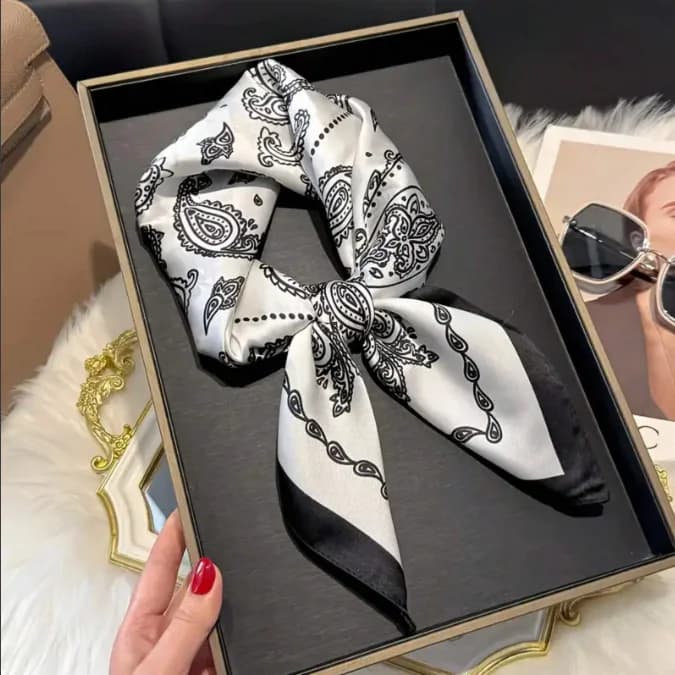 Black White Paisley Print Satin Small Scarf Women Neck Scarf Hair Accessories