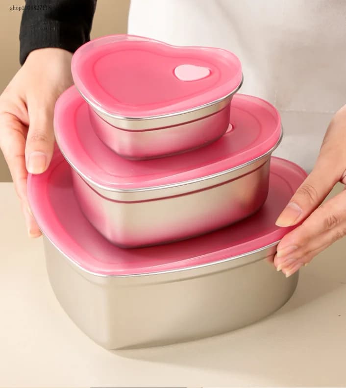2025new304 scatola per la conservazione degli alimenti con coperchio in silicone a forma di cuore in acciaio inossidabile, scatola per il pranzo portatile, scatola per il frigorifero e il congelatore, scatola per la conservazione degli alimenti