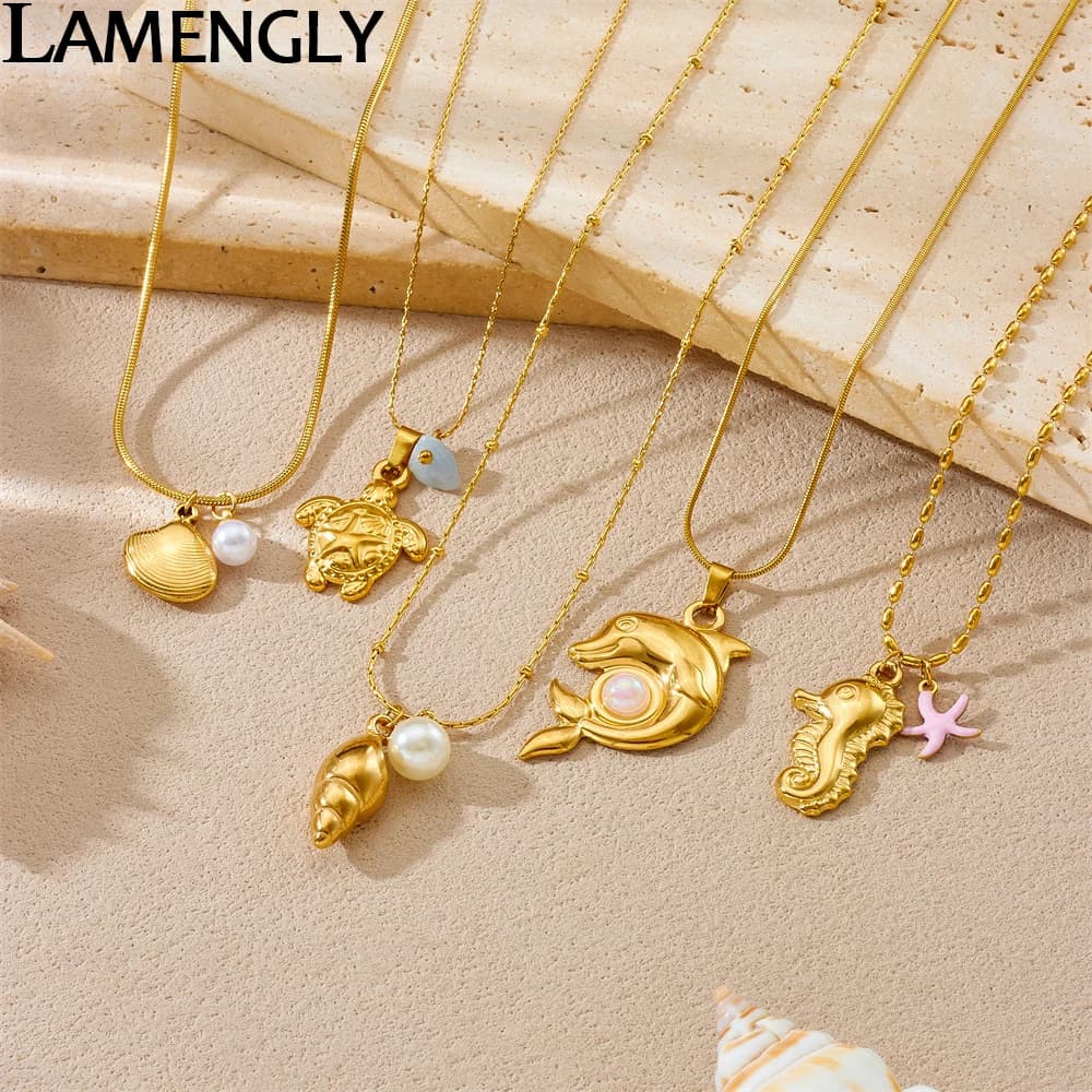 LAMENGLY Acciaio inossidabile 316L Creativo Animali marini Perla Delfino Conchiglia Cavalluccio marino Collana con ciondolo Donna Regalo gioielli per il tempo libero