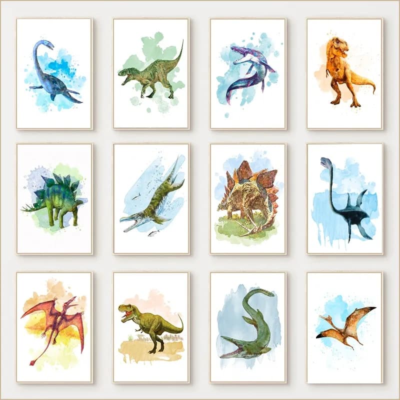 Jurassic Dinosaur Watercolor Poster Triceratops Stegosaurus Iguanodon T-Rex Canvas Painting Wall Art Nursery Kid Room Home De