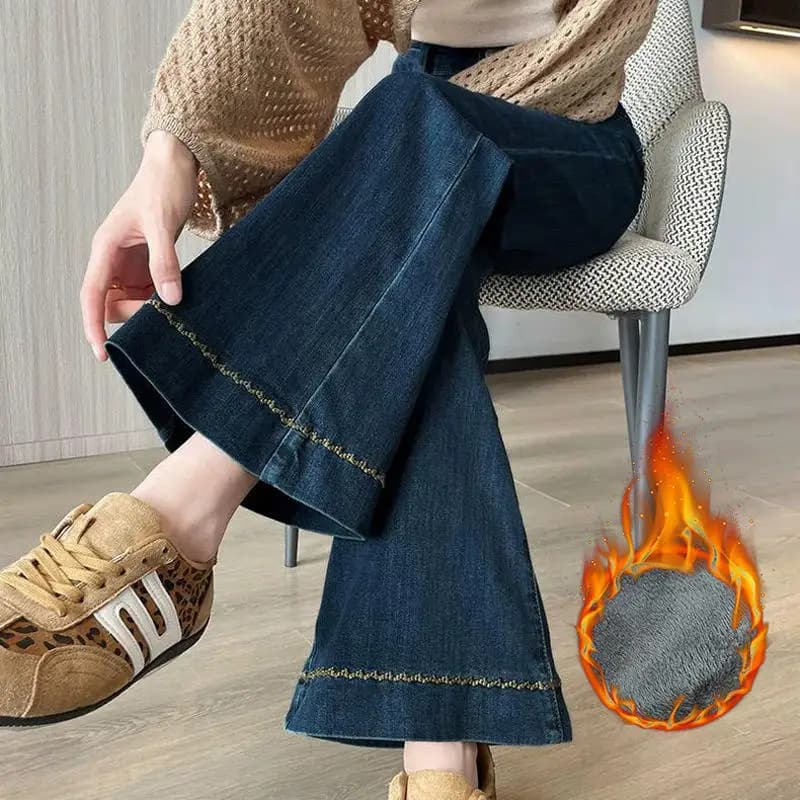 Embroidered Flared Fleece Lined Thick Denim Jeans Small Size Winter Deep Blue High Waist Slimming Nine Point Flared Pants