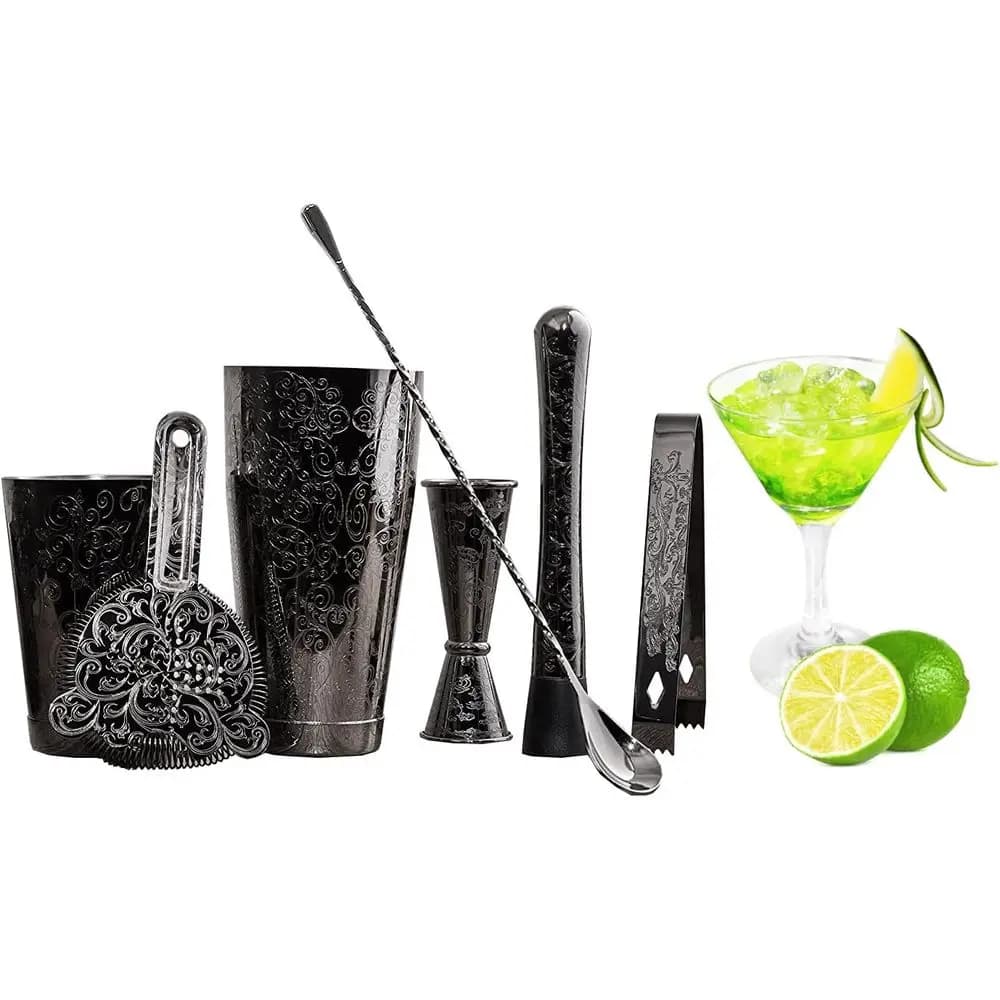 Set da Cocktail in Acciaio Inossidabile Nero da 7 Pezzi con Design Inciso, Shaker Boston, Cucchiaio da Mixing, Pestello per Mojito, Doppio Jigger