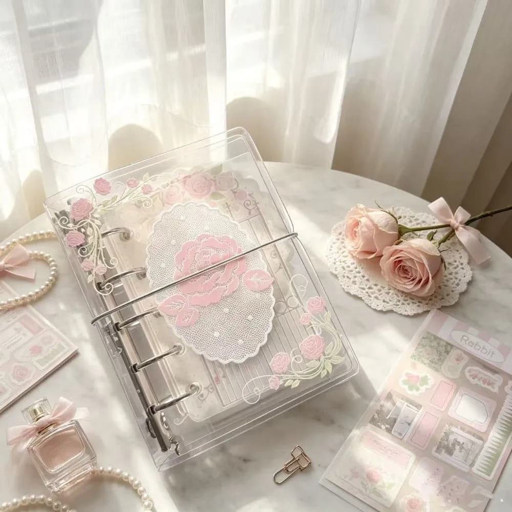 PVC M5 Pocket Notebook 5 Hole with Elastic Band Binder Journal Romantic Vine Rose Print M5 Pocket Planner School Office Supplies