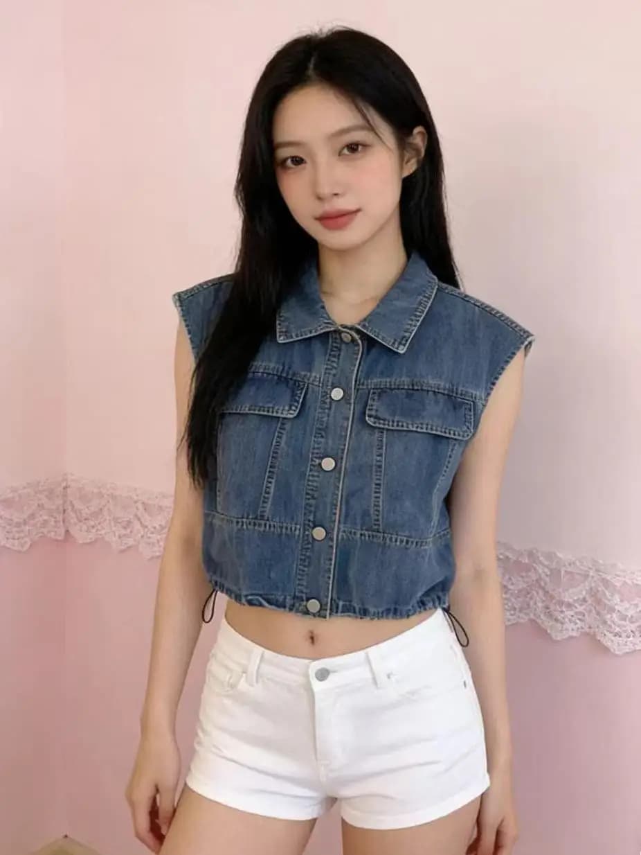 Retro Washed Denim Jacket Women's Sleeveless Collared Shortie Crop Top Drawstring Waist Loose Fit Single Button Closure