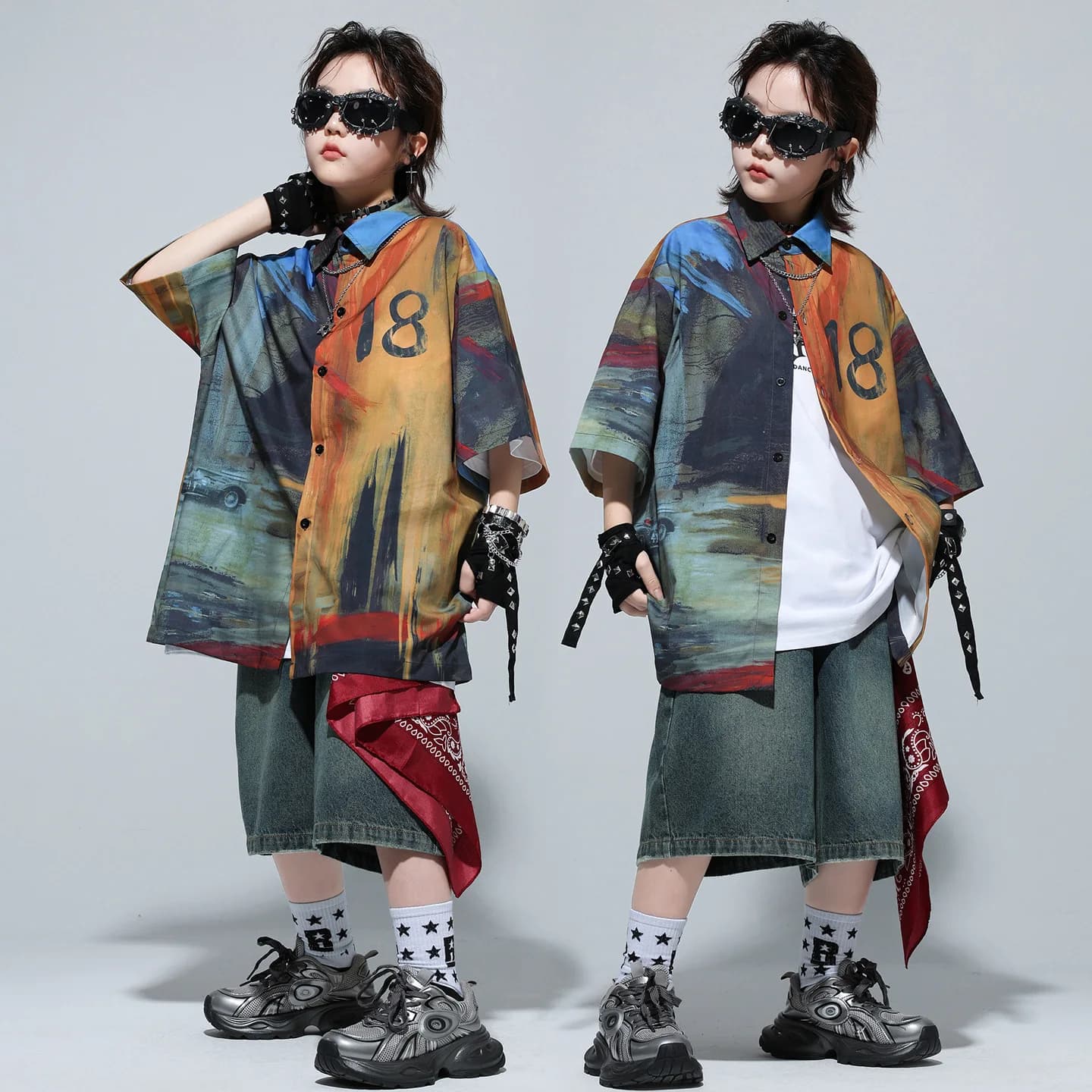 Set di abbigliamento hip-hop per bambini Camicia con stampa di pittura a olio Pantaloncini di jeans denim vintage Pantaloni centrali per costume da ballo jazz per ragazza ragazzo