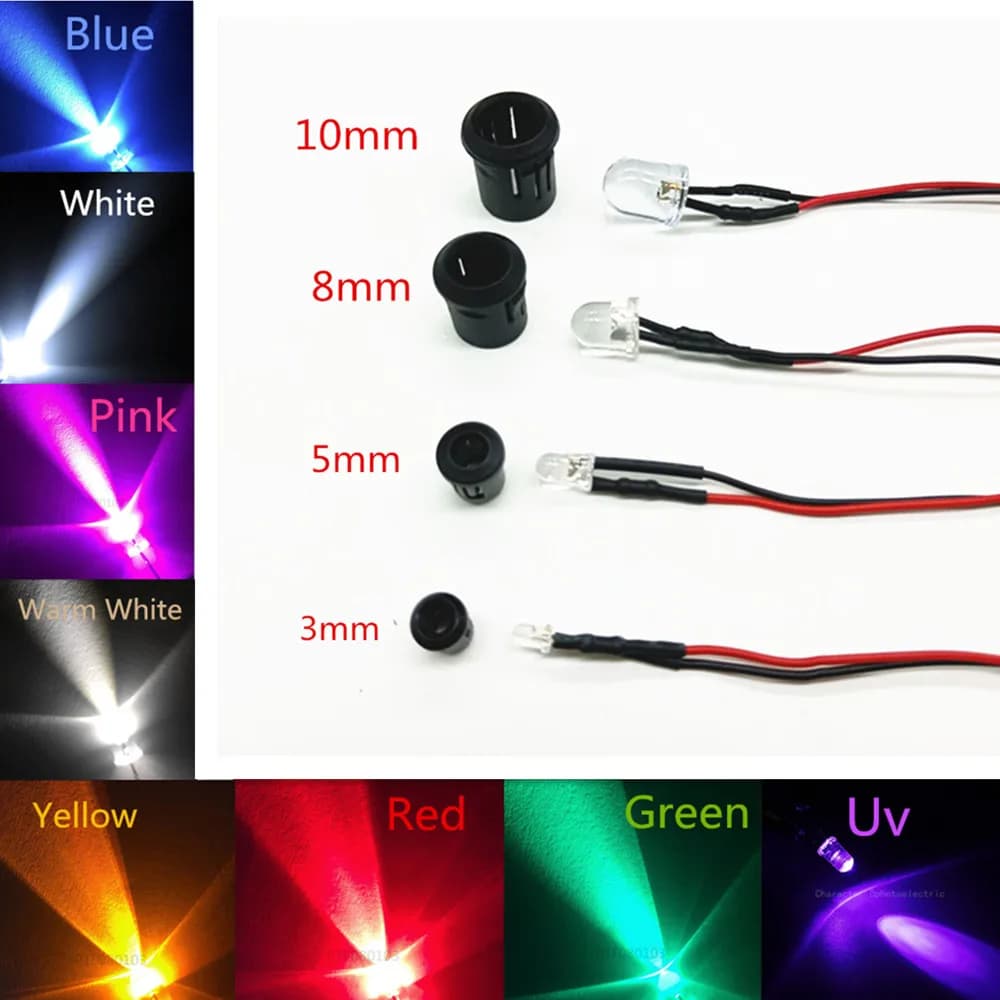 20 diodi LED trasparenti DC3V 5V 12V 24V 3MM 5MM 10MM per rosso/verde/blu/giallo/UV/arancione/rosa/rosso caldo/bianco/RGB pre-cablati