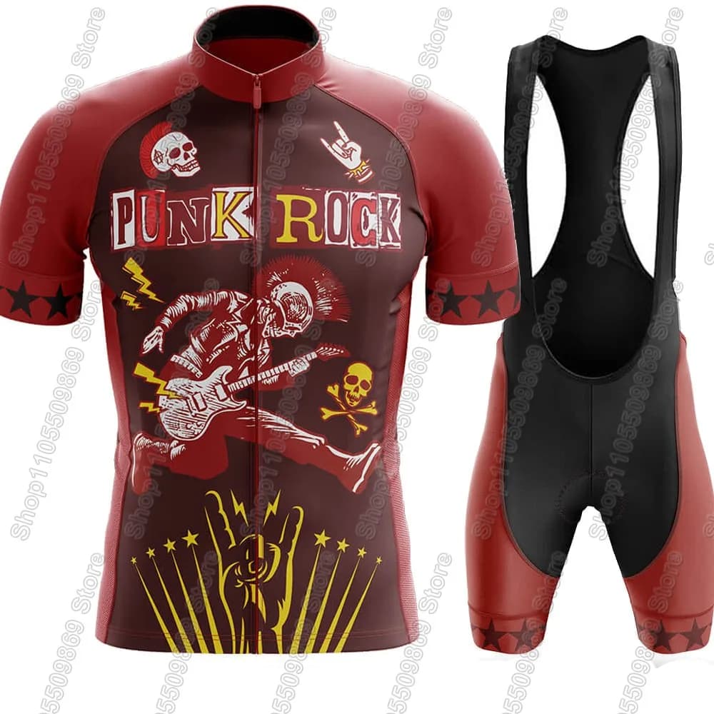 Completo da Ciclismo Punk-Rock 2026 da Uomo: Maglia e Salopette con Teschio per Bici da Strada e MTB