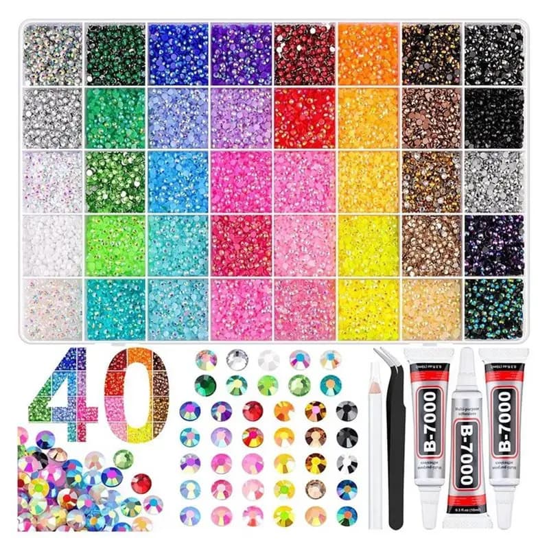 【ARTICOLI PER LA CASA】Kit Decorativo con Strass in Resina Effetto Gelatina, 40 Colori, 3mm, 32000 Pezzi di Gemme Flatback + 3X Colla per Unghie, Gioielli, Arte e Libri