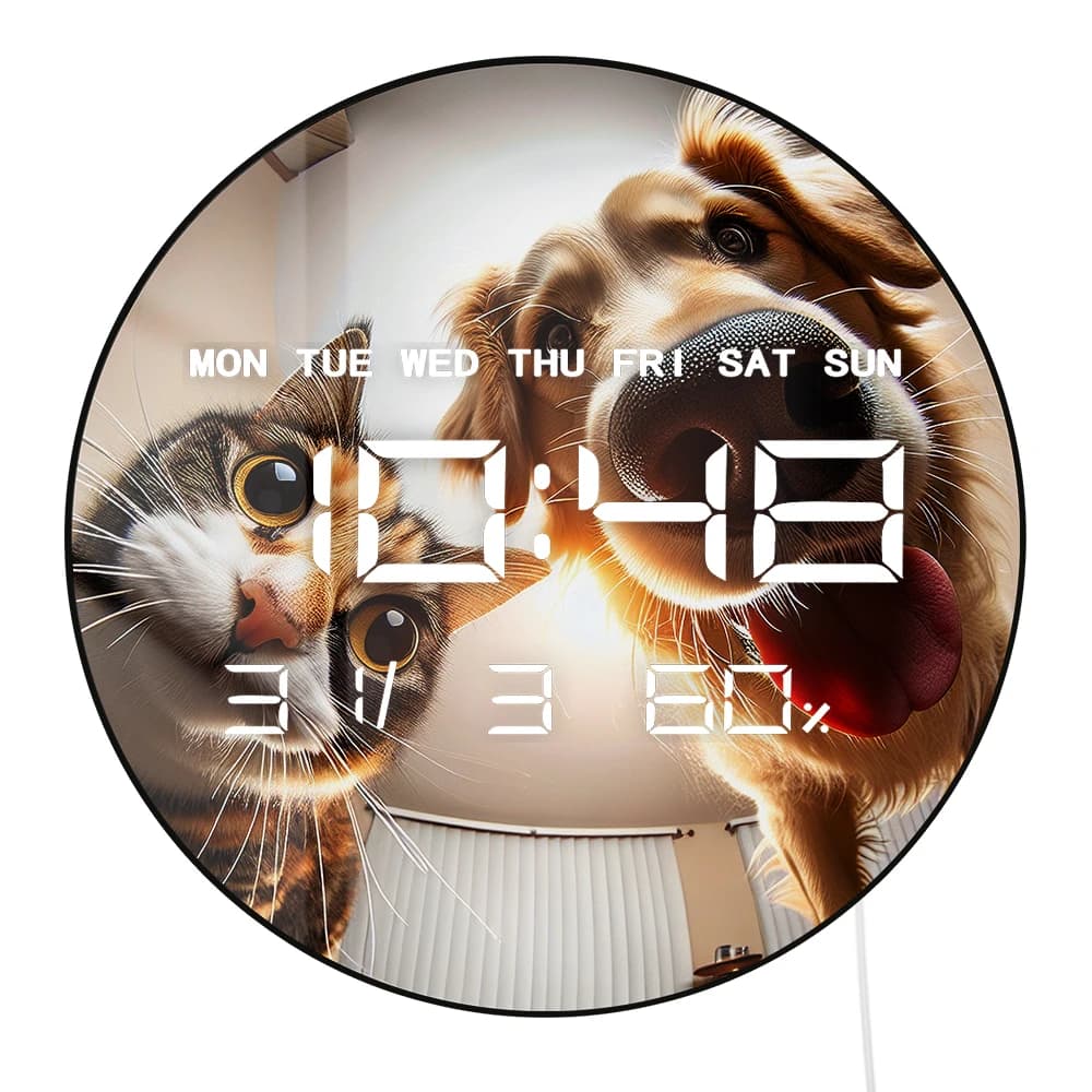 Orologio da Parete Digitale Grande con Gatti e Cani, LED con Dimmer Automatico, Timer, Data, Calendario, Temperatura, Formato 12/24 Ore
