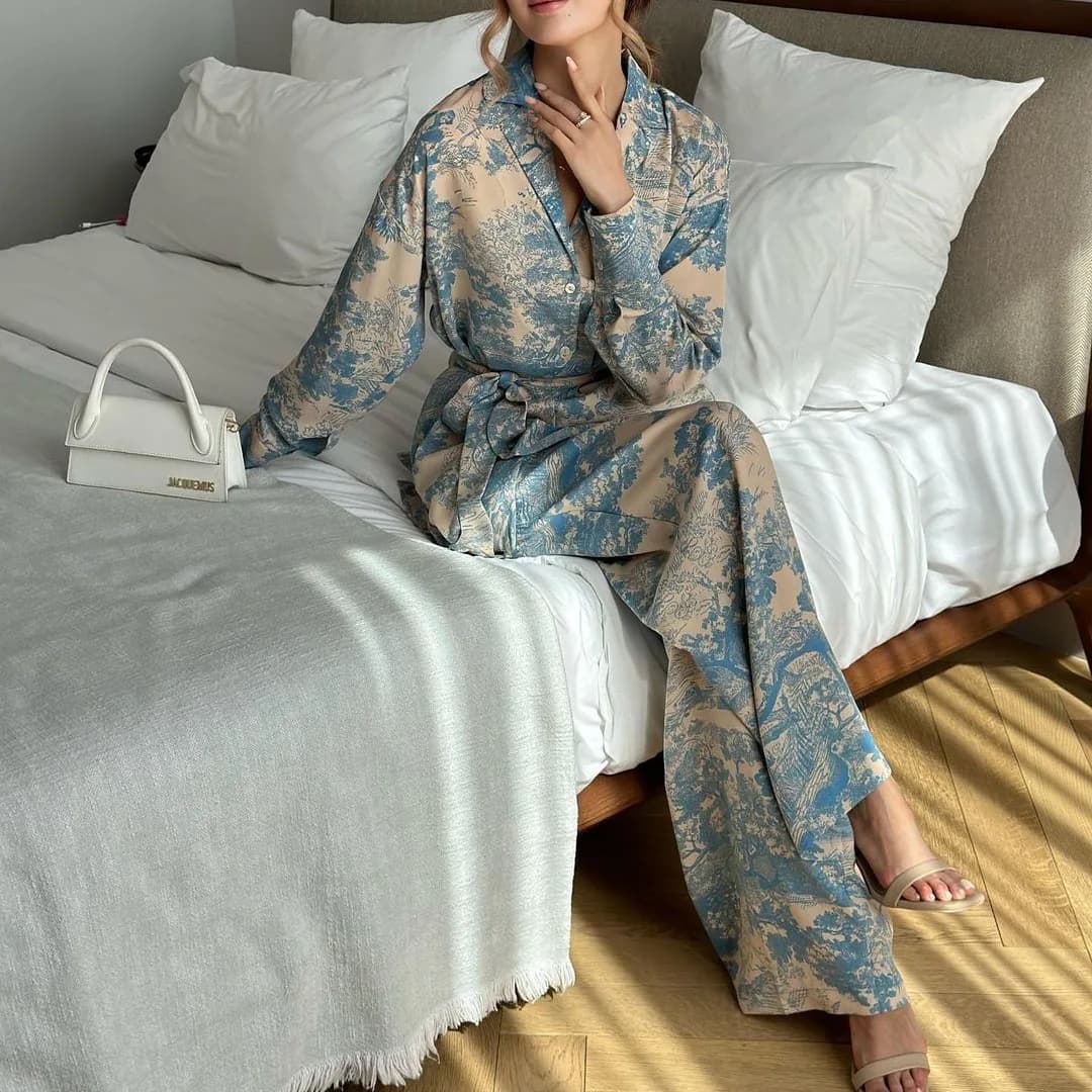 Camicia con lacci stampata nuova estate da donna Pantaloni a gamba larga a vita alta Temperamento alla moda Pantaloni eleganti stile casual