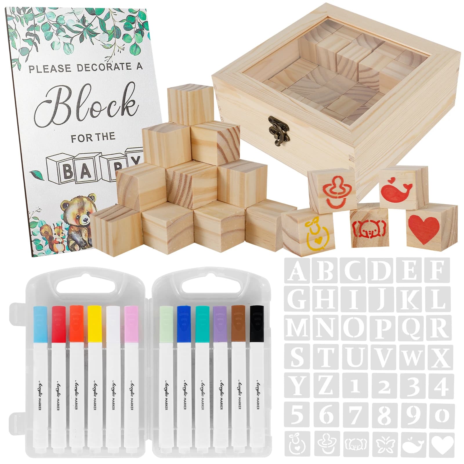 Set di Giochi con Cubi di Legno per Baby Shower, Kit Fai-da-Te con Marcatori, Insegna Decorativa, Souvenir e Regalo per Feste di Nascita