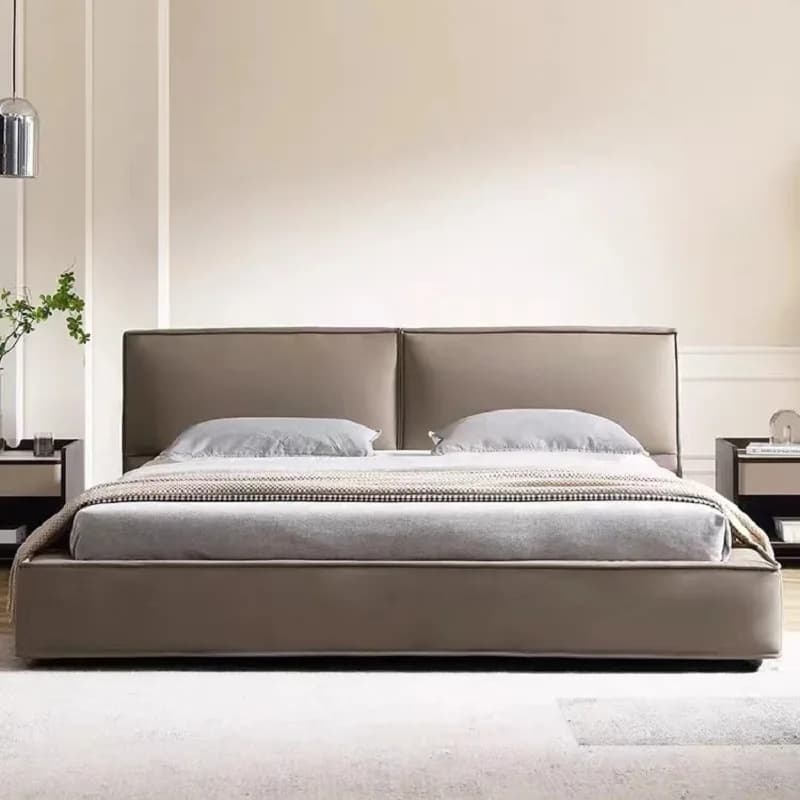 Letto matrimoniale in pelle minimalista italiano, stile tofu block, in vera pelle bovina primo strato, per camera da letto padronale, alto e robusto.