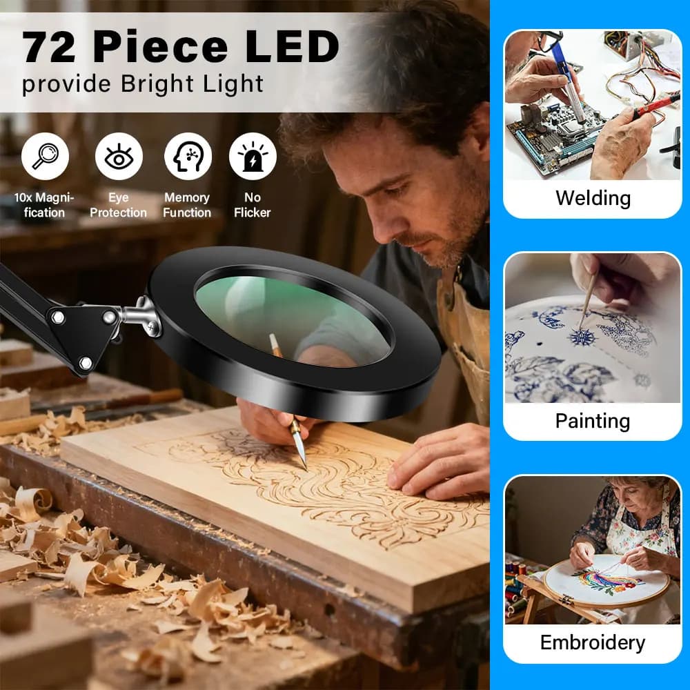 Lampada da Tavolo con Lente d'Ingrandimento a 3 Segmenti Extra-Lunga, 3 Luci LED Regolabili per Saldatura, Riparazioni e Lavori di Precisione