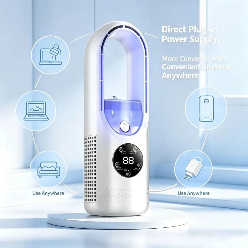 Mini Bladeless Desktop Cooling Fan Mist Humidifier 6 Speed LED Light Air Cooler for Office Home Bedroom Desk Portable Daily Use
