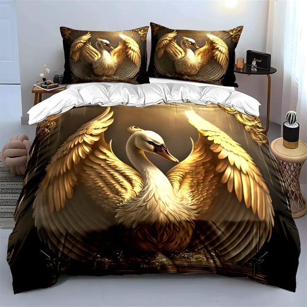 Set Decorativo Cigno Dorato - Elegante Set di Biancheria da Letto Morbido e Delicato sulla Pelle Include 1 Copripiumino e 2 Federe, Regalo