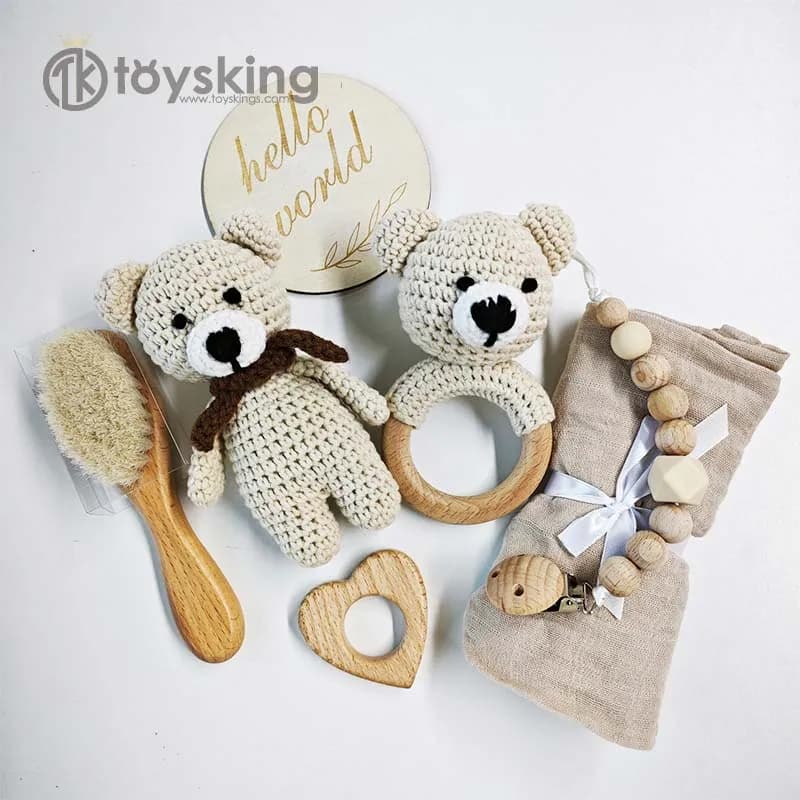 Handmade Crochet Bear Baby Rattle Doll Gift Box Biteable Plush Teether Crib Hanging Sensory Early Education Toy