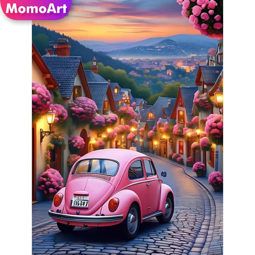Momoart Ricamo a Diamante Completo Quadrato e Rotondo, Pittura di Auto, Punto Croce, Mosaico di Diamanti Fai da Te, Paesaggio Urbano, Decorazione per la Casa