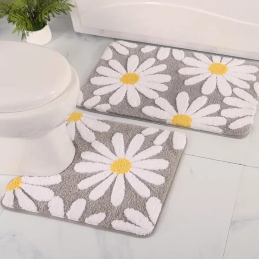 Set Tappeti Bagno 2 Pezzi, Tappetino da Bagno con Margherite Carine, Tappeto WC Grigio a Forma di U, Set Bagno con Decorazioni Floreali, Tappetino Antiscivolo Sagomato Super Assorbente