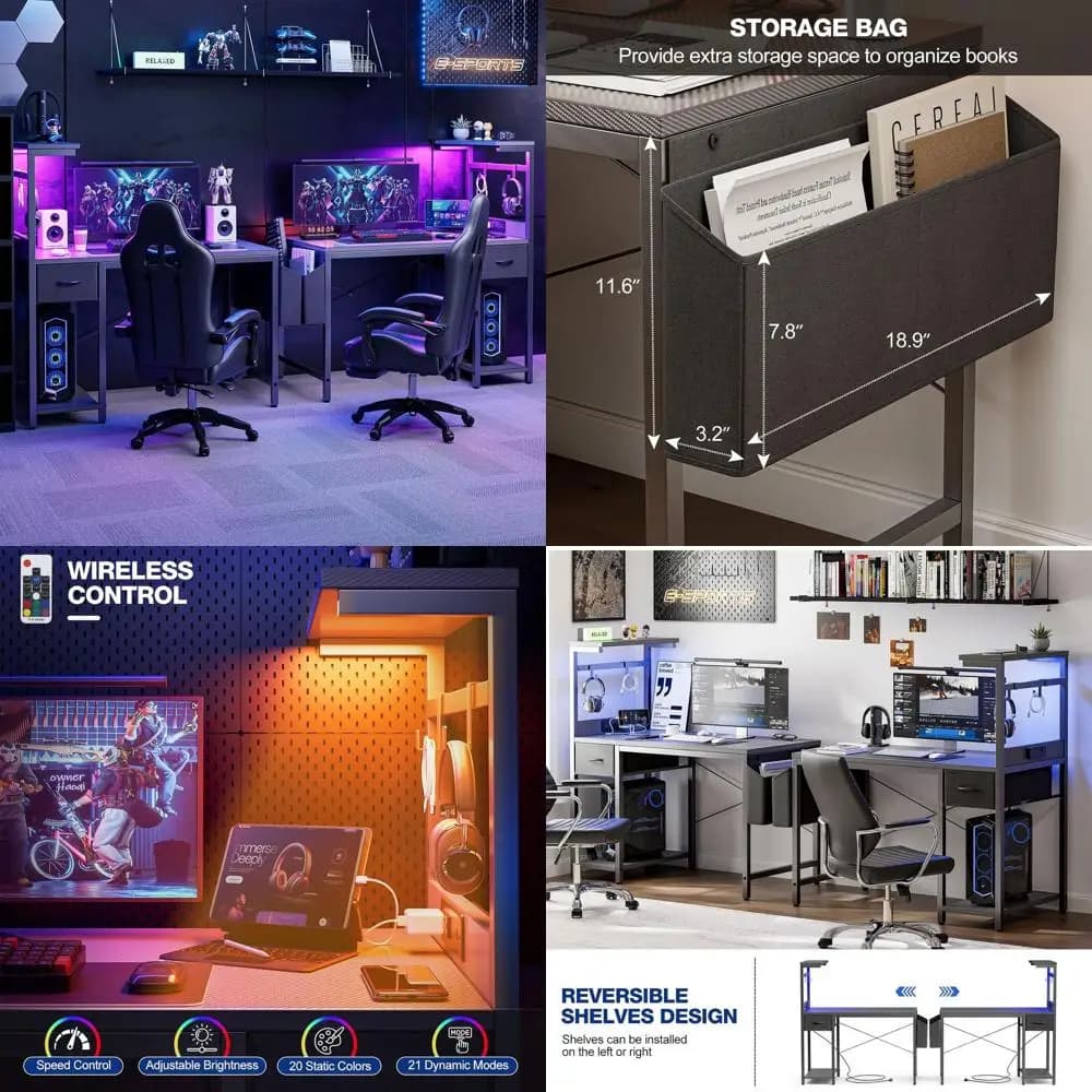 47 Scrivania da gioco in fibra di carbonio con LED, presa di corrente e archiviazione per scrivania per PC da ufficio domestico