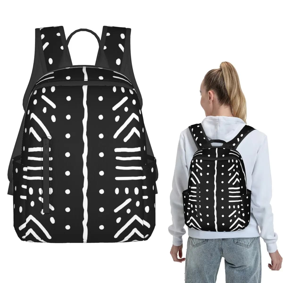 Zaino con arte africana Bogolan in bianco e nero, borsa da giorno per ragazzi e ragazze, borsa da scuola, borse a tracolla per uomini e donne