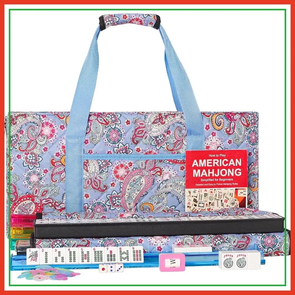 Set Mahjong Americano Bianco da 166 Pezzi con Borsa Rettangolare, 4 Supporti e Spingitori Tutto-in-Uno, Tessere Mahjong Occidentali Complete
