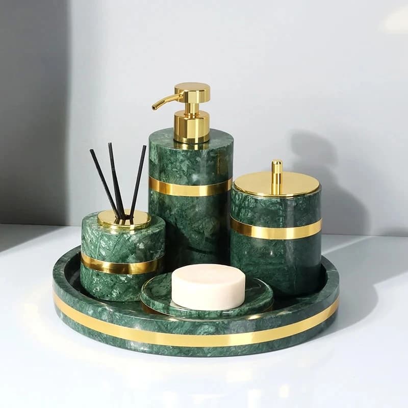 Set dispenser di sapone in marmo naturale verde indiano e oro - Accessori da bagno di lusso portasapone, portaspazzolino, decorazioni per l'hotel
