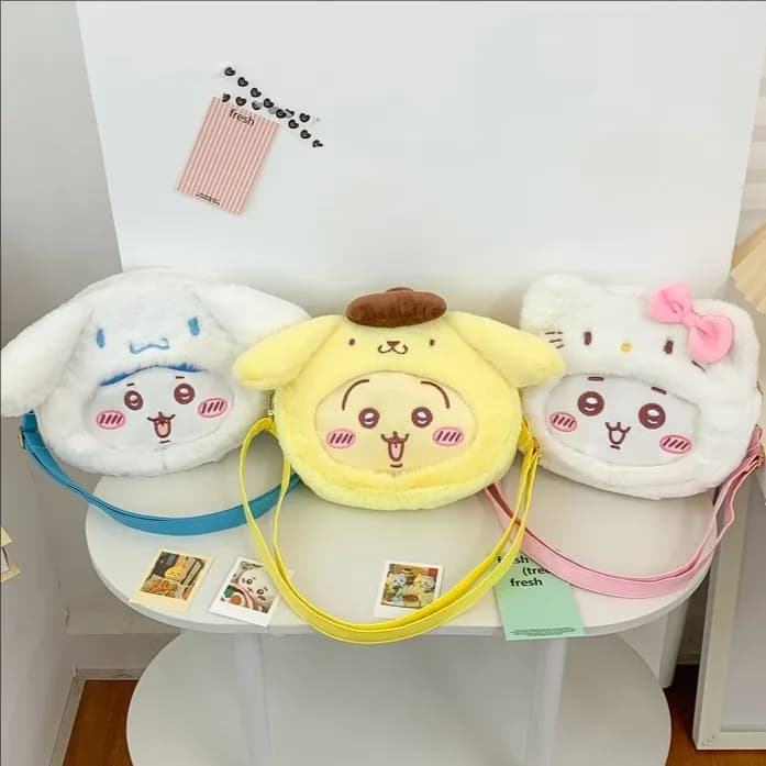 Usagi Hachiware plush backpack - cute cartoon-style bag with large capacity adjustable strap and single shoulder strap design.