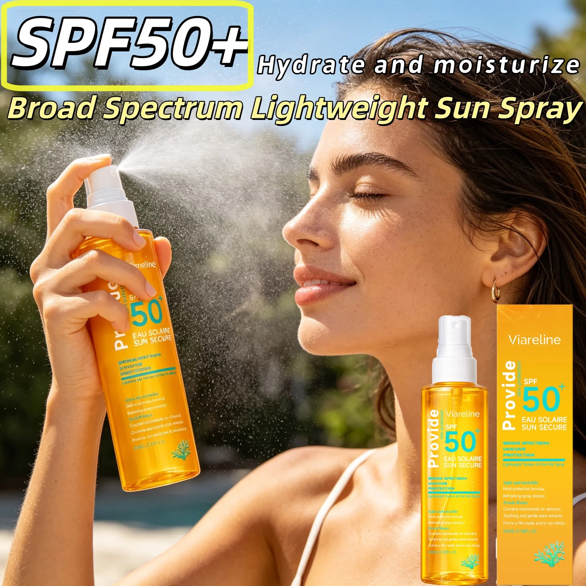 Hydrating Invisible Sunscreen Spray SPF 50+ Clear Face Body Mist Micro-Fine Uniform Spray Nozzle Waterproof Sweat-Resistant Quick-Drying Refreshing Non-Greasy Zero White Cast Alcohol-Free Dryness And Tightness Caused By Air Conditioning For Outdoor Beach
