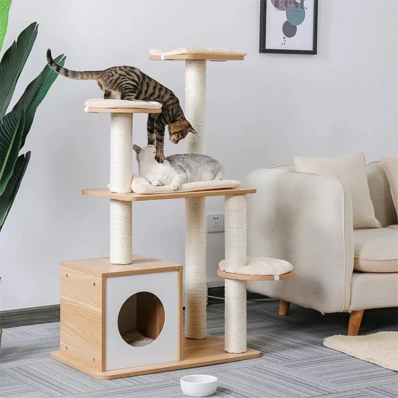 Vendita calda albero per gatti in legno torre moderna per gatti con spaziosa tiragraffi per condominio