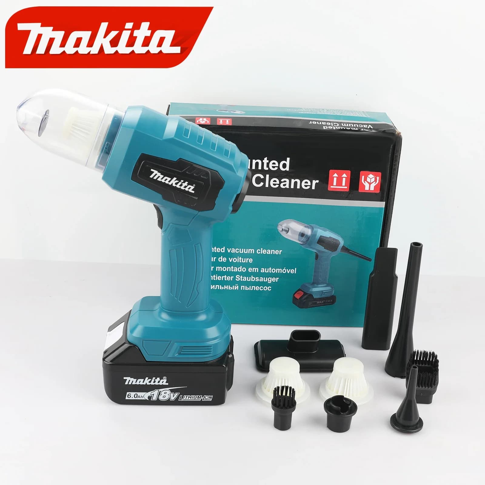 Aspirapolvere Senza Fili Makita 18V, 200W, 10000Pa di Aspirazione, Capacità 180ML, 7 Ugelli per Pulizia Auto e Spazi di Lavoro