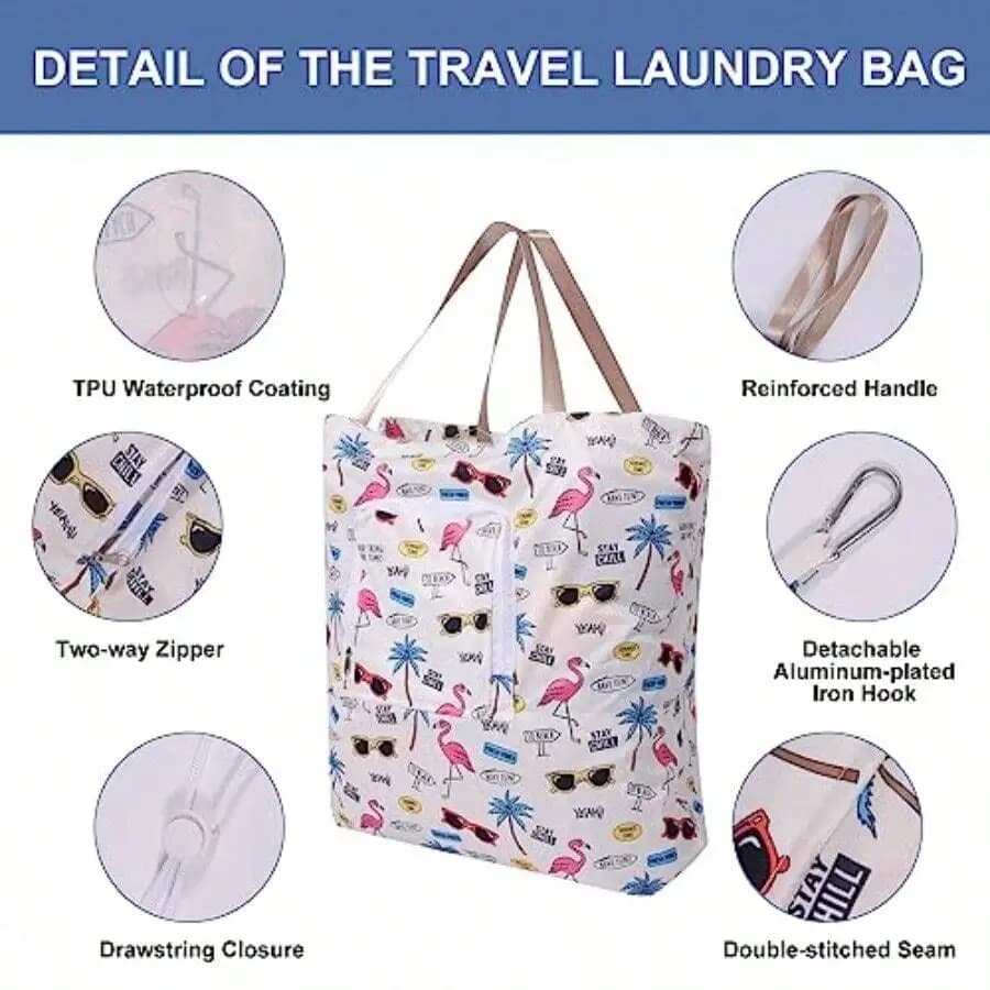 2 Pack Travel Laundry Bag With Handle And Drawstring Expandable Foldable Dirty Clothes Bags With Hook And Zipper 23*20 Inch