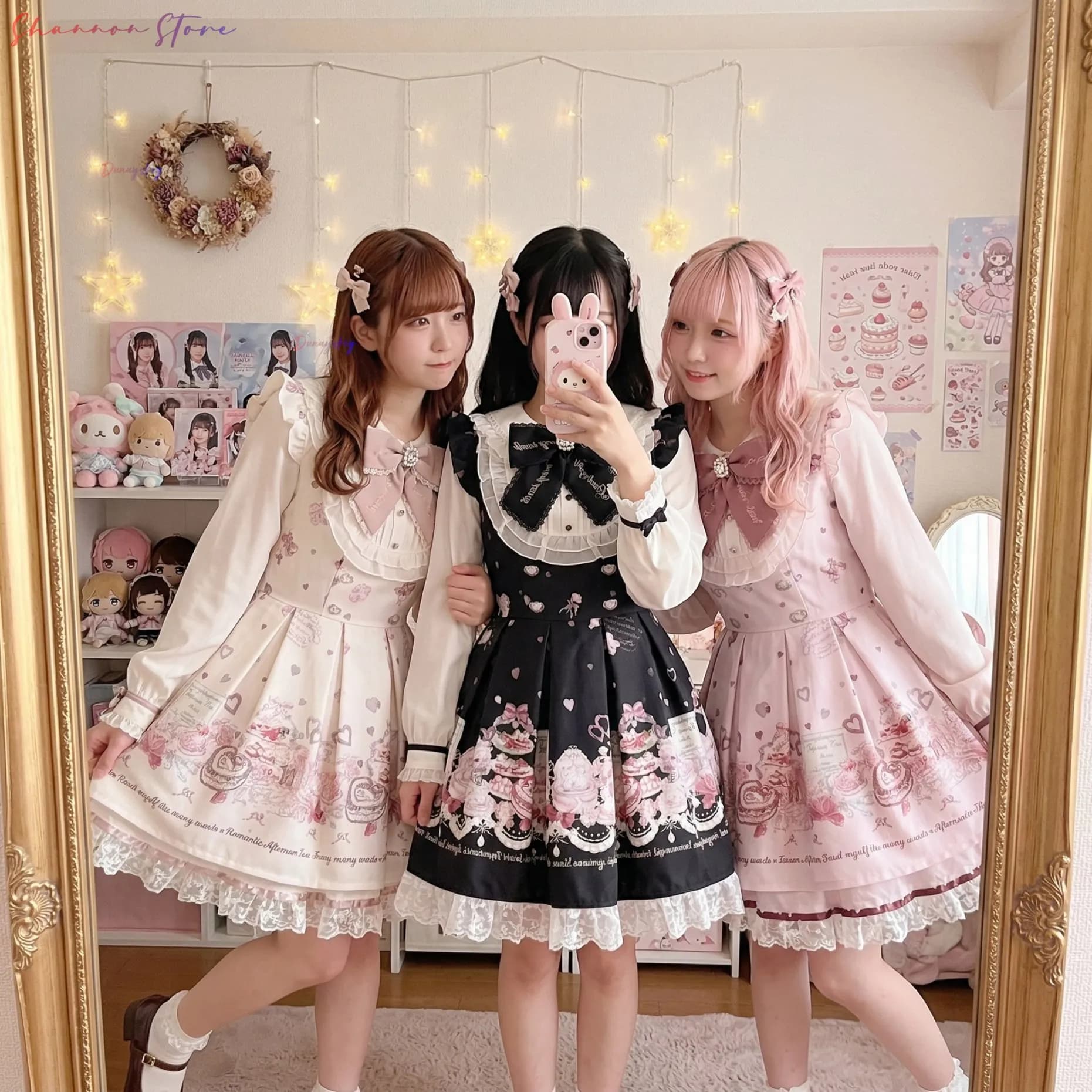 Abito Lolita Giapponese da Donna, Set Vestito con Fiocco e Pantaloncini, Dolce Abito Vintage a Maniche Lunghe Stampato, Outfit Kawaii per Feste e Cosplay Y2k