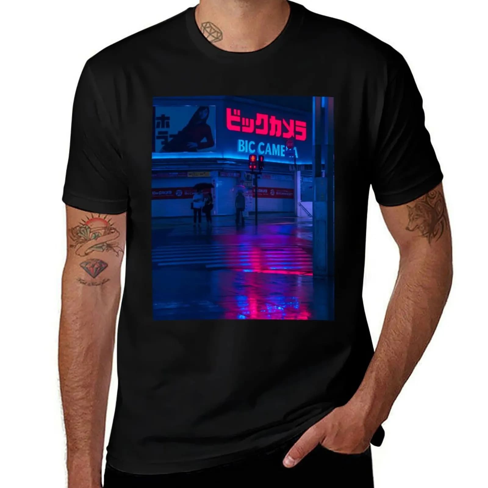 T-shirt Neon Sign Reflections, morbida maglietta casual in cotone a maniche corte