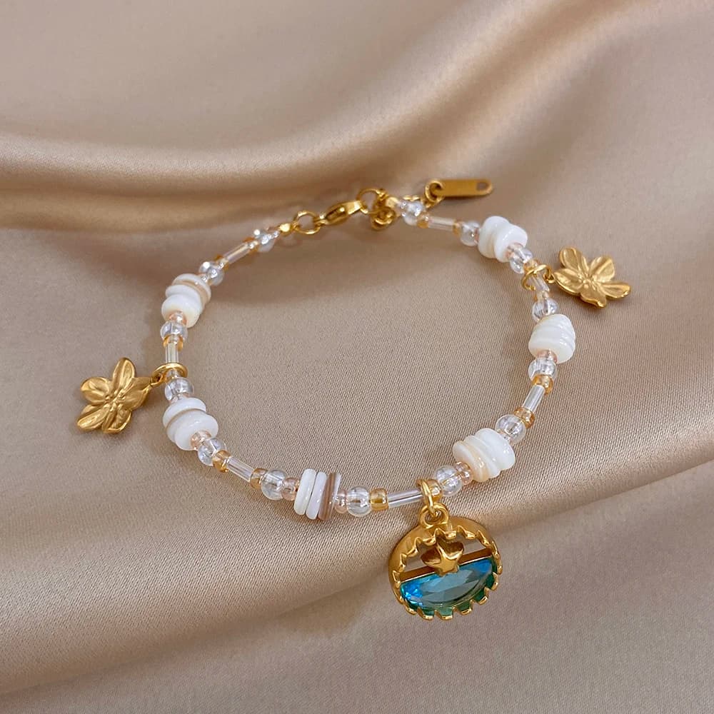 Freetry Bohemian Stainless Steel Chain Flower Pendant Bracelet for Women Tube Bead Seed Beaded Bangle Waterproof Hand Jewelry