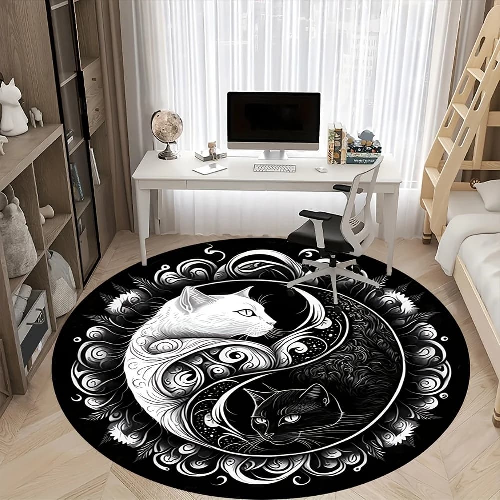 VIKAMA Yin-Yang Tappetino rotondo gatto bianco e nero Soggiorno Camera da letto Tappeto Sala giochi Tappeto Decorazioni per la casa
