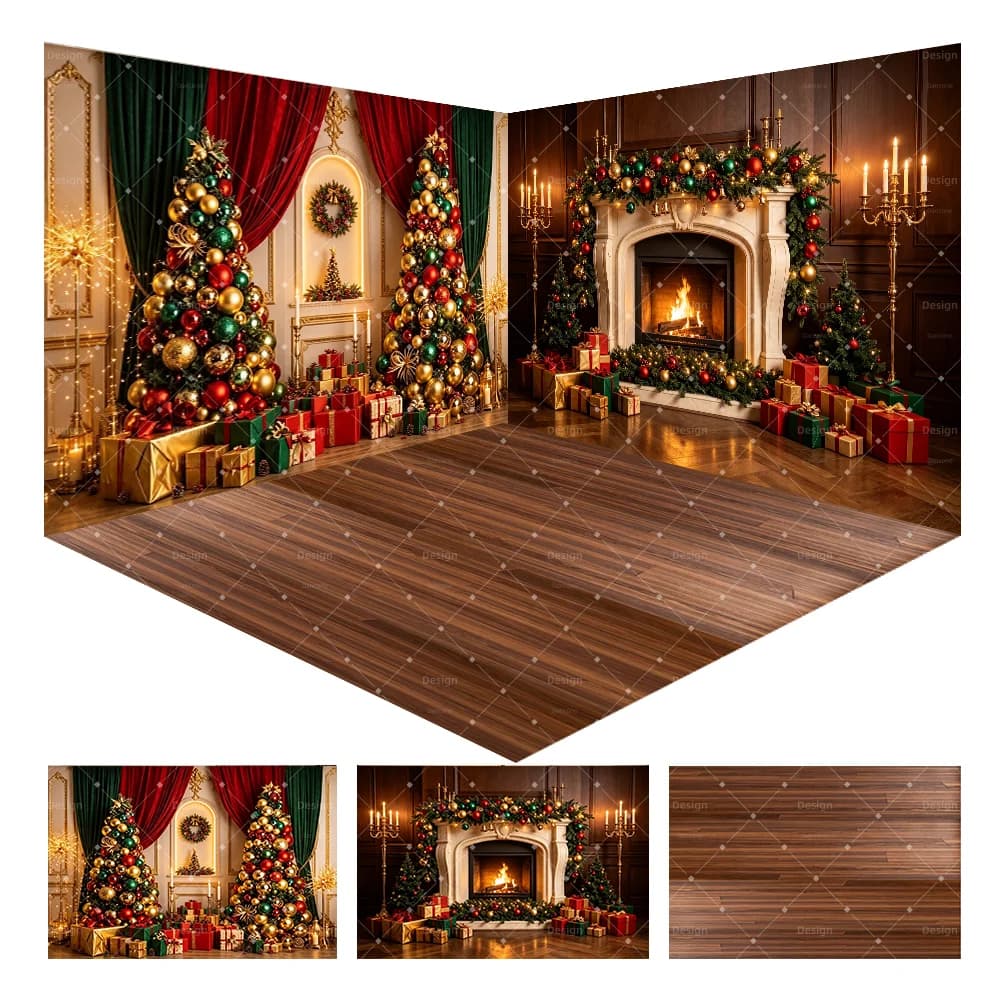 Red Green Curtain Christmas Corner Room Photography Backdrop Ornament Xmas Tree Fireplace Gift Box Scene Studio Decor Prop