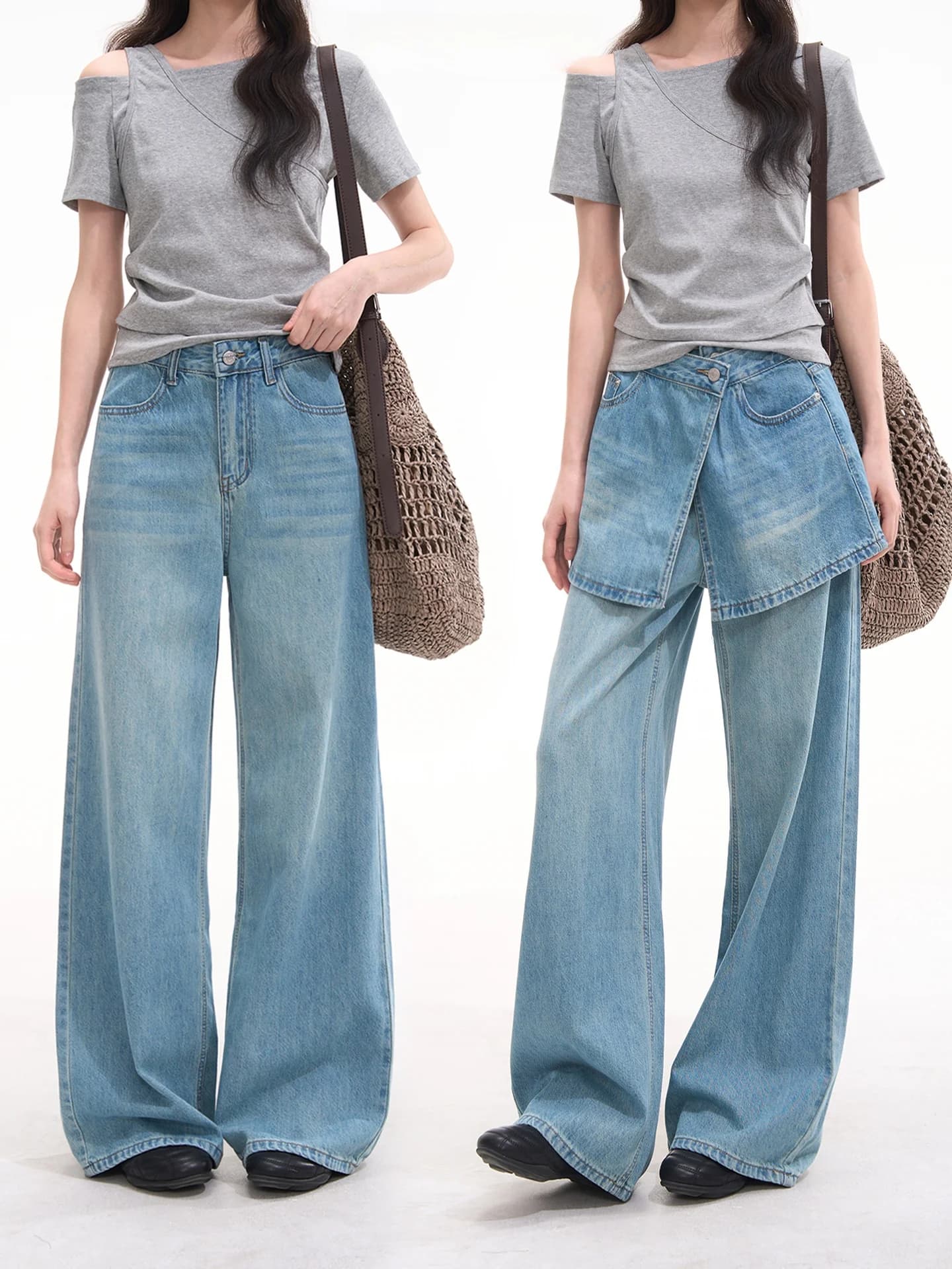 High Waist Straight Leg Jeans Women's Fashionable Spring Summer Denim Curtain Pants Asymmetrical Design Cotton Button Closure