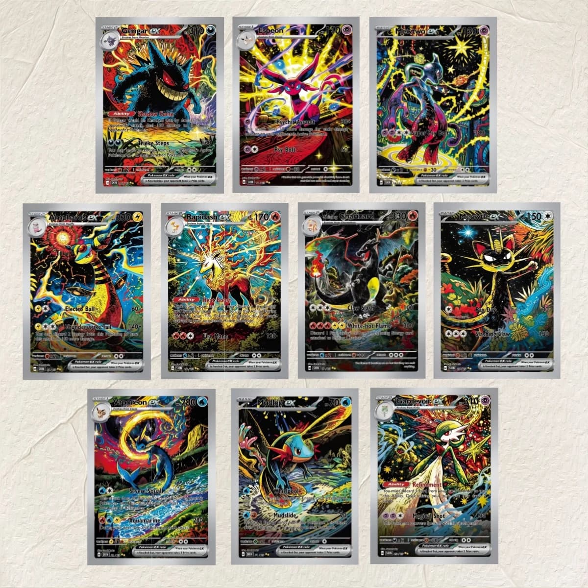 DIY Gengar Espeon Mewtwo Charizard 10Pcs Foil Texture Cards English Version Collectible Grade Premium Anime Collection Cards