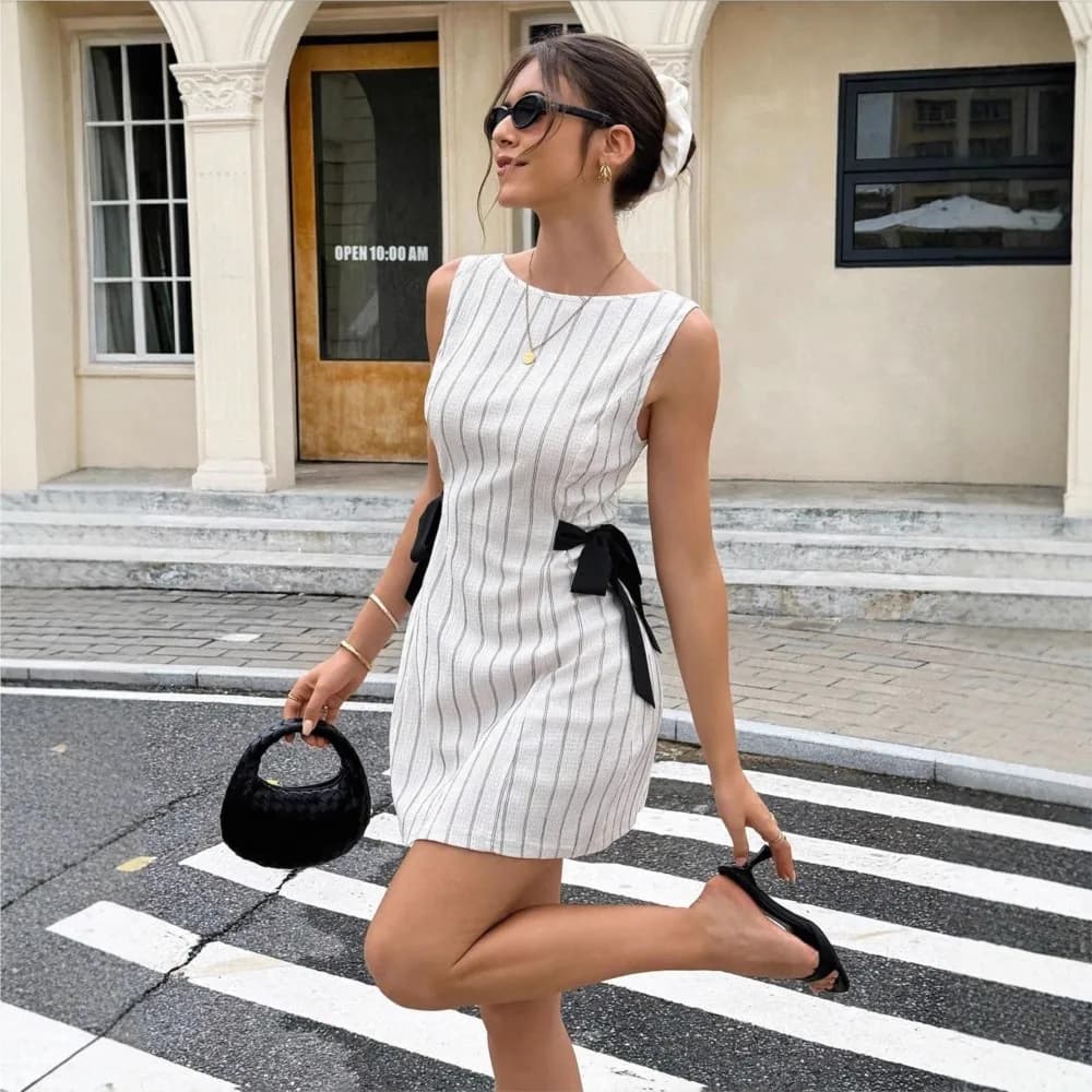 Abito Estivo da Donna Senza Maniche, Slim Fit, con Fiocco su Entrambi i Lati, Elegante, alla Moda, Stampato a Righe, Gilet Femminile, Minigonna da Ufficio 2026