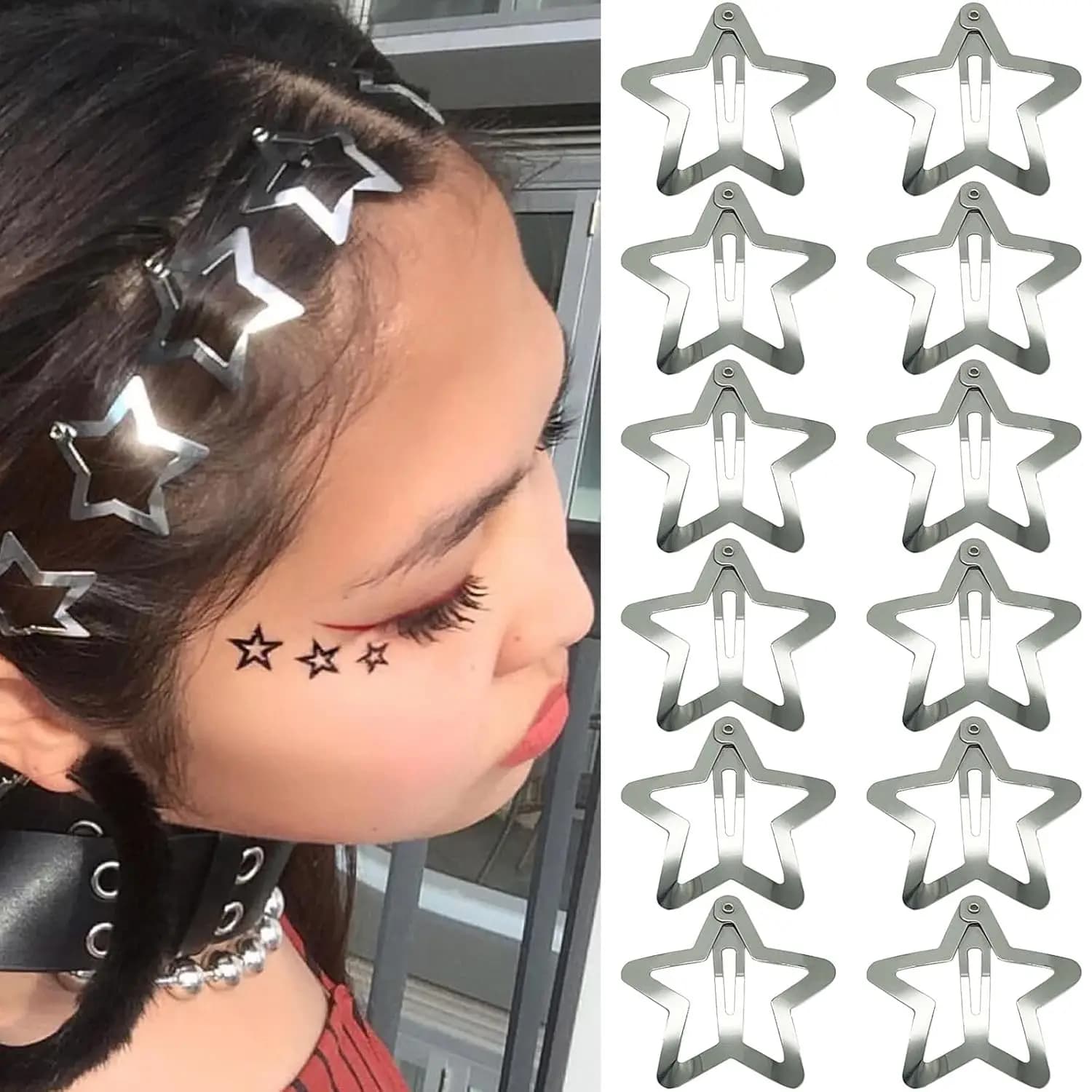 12 fermagli per capelli Silver Star da 1,61 pollici, fermagli a scatto antiscivolo Y2K per donna