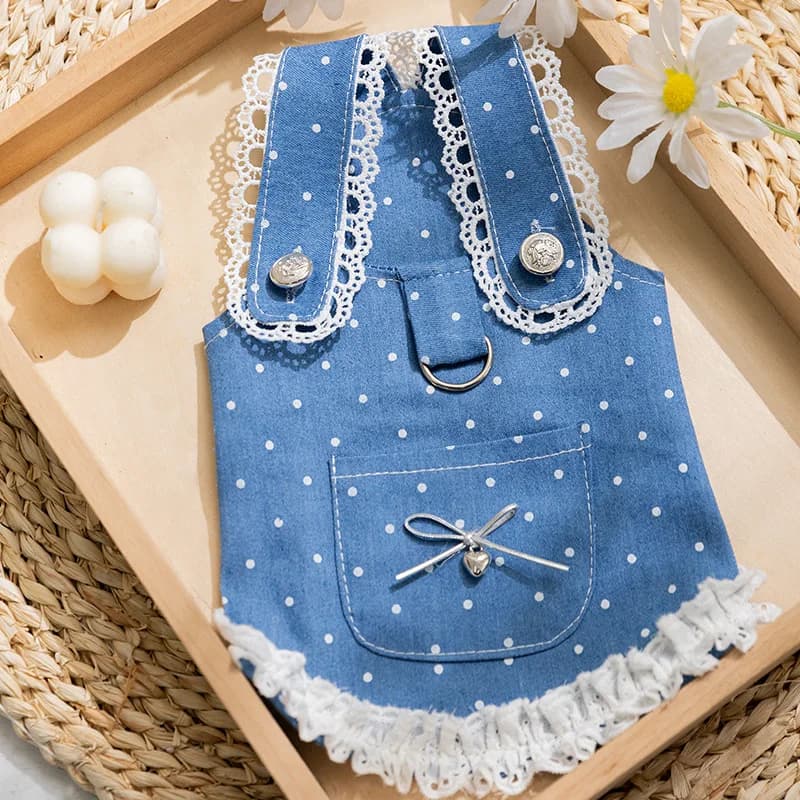Grazioso vestito in denim a pois per cani e gatti di piccola taglia, con finiture in pizzo e anello a D per guinzaglio, abito traspirante in jeans.