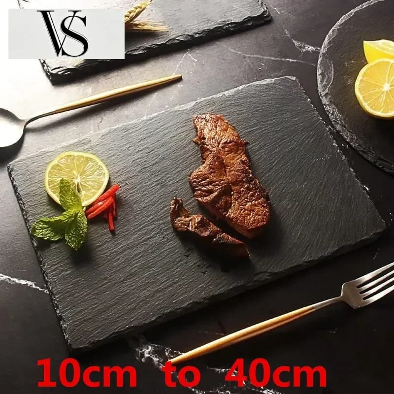 Sushi BBQ Steak Barbecue Plate Cheese Dessert Pizza Cake Fruit Dish Tray Natural Western Black Slate Stone Dishes Solid Square