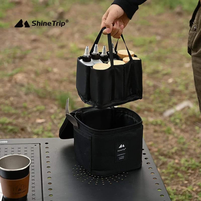 Shine Trip Set di bottiglie per condimenti da campeggio all'aperto, scatola per condimenti per picnic, vaso per olio, barattolo per imballaggio con coperchio in bambù, barattolo per condimenti sigillato