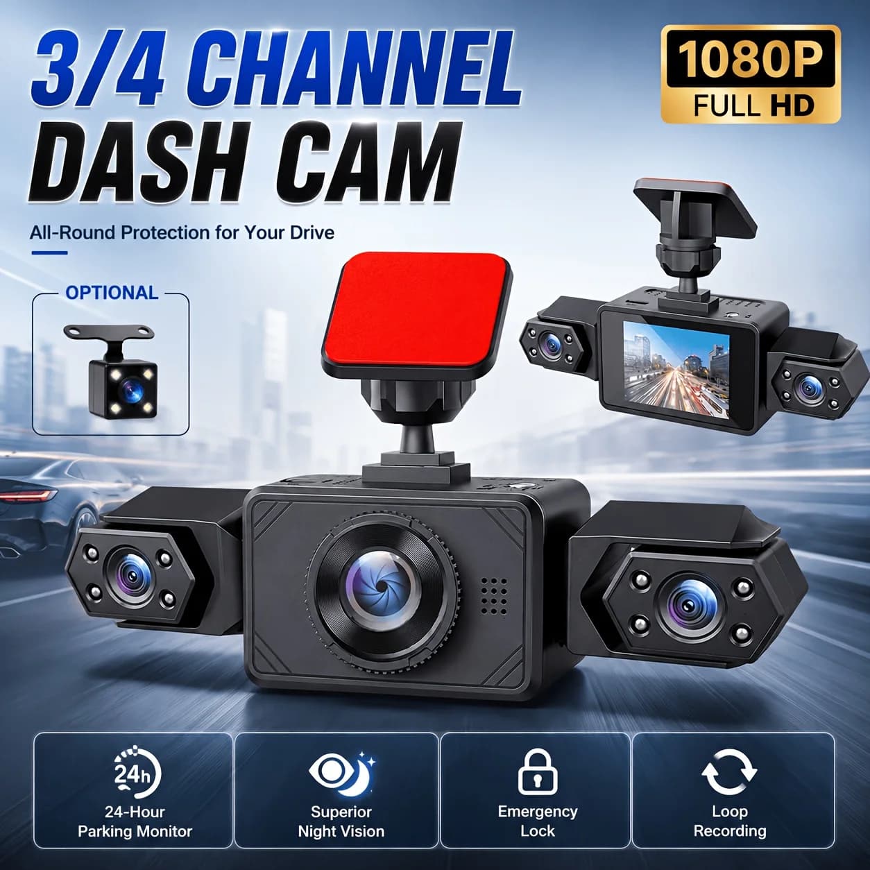 3/4‑Channel 1080P Dash Cam, Rotatable Lens HD Night Vision Backup Camera for Cars, Taxis & Small Vehicles