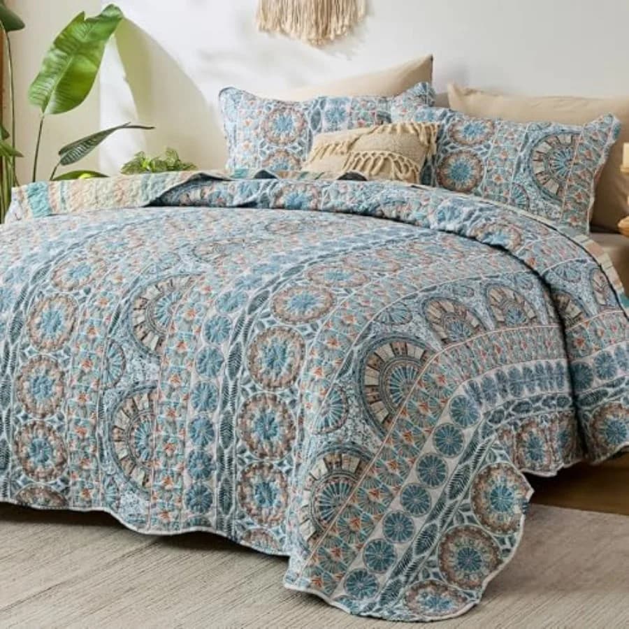 Boho Quilt Bedding Set Teal Blue Striped Reversible Quilt Set 3pc Lightweight Microfiber Bedspread Coverlet with 2 Pillowcase B