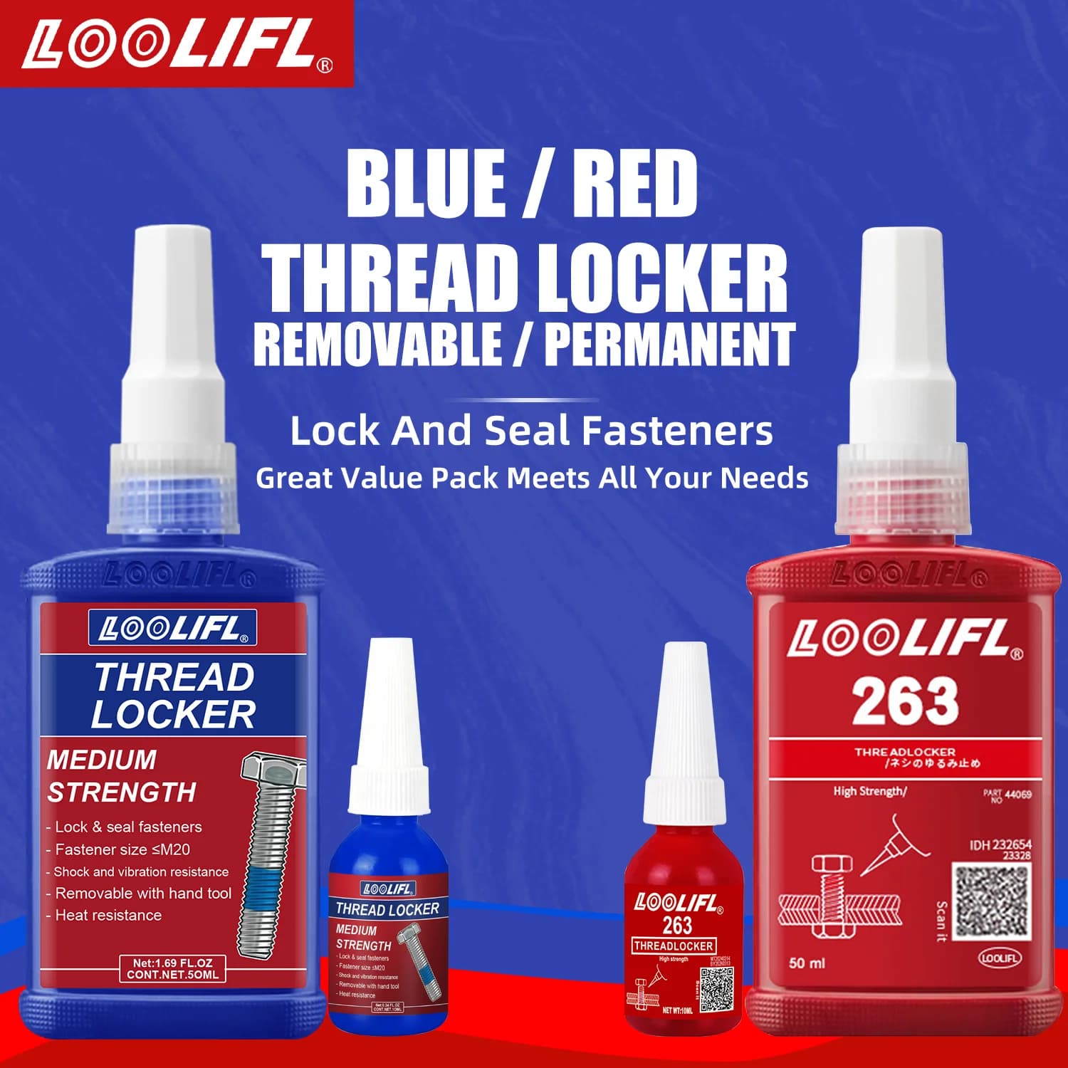 263 243 Thread Lock Blu a Media Resistenza, Adesivo Anaerobico per Viti Contro l'Allentamento e le Perdite, Fissaggio Viti