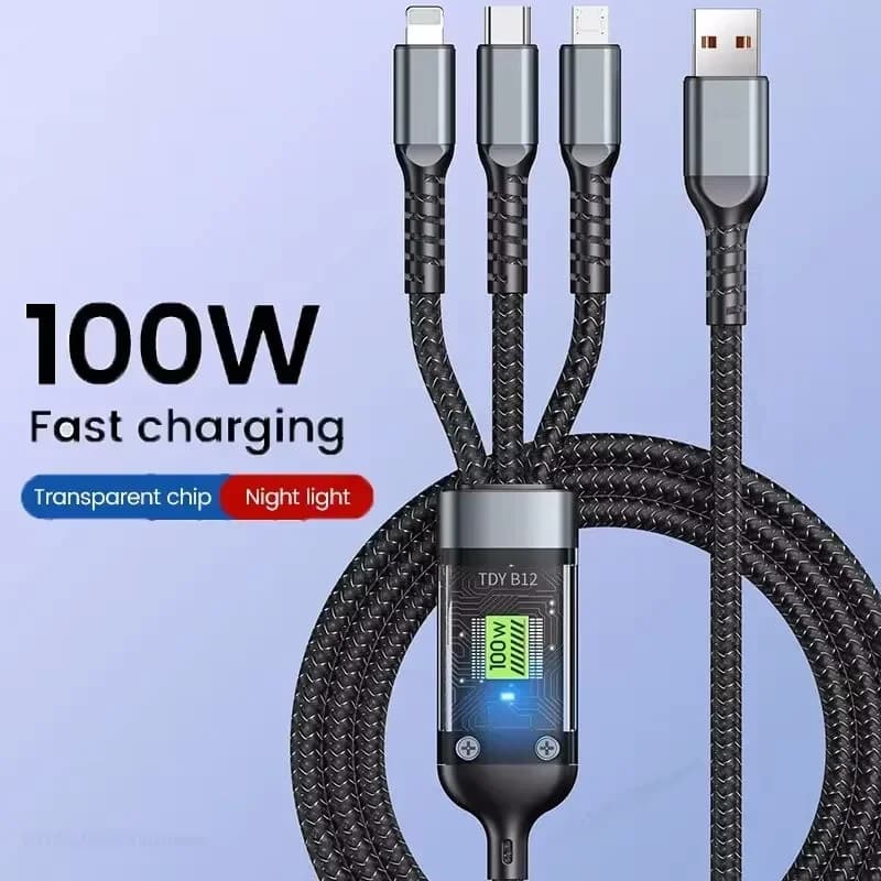 Cavo di ricarica super veloce 3 in 1 da 100W con lampada trasparente, universale con USB Type-C e Micro USB per iPhone, Samsung, Huawei, Xiaomi 6A