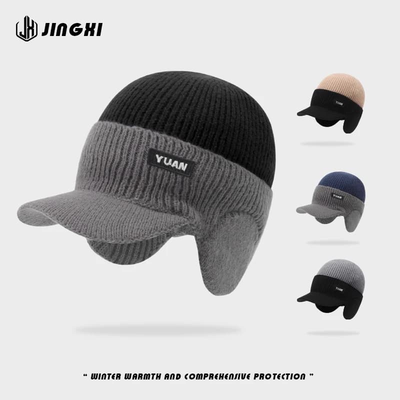 Cappello Invernale Foderato in Pile, Serie Yuan, Cappello Lavorato a Maglia con Visiera e Protezione per le Orecchie, Cappello di Lana Ispessito Unisex Antifreddo per Sci