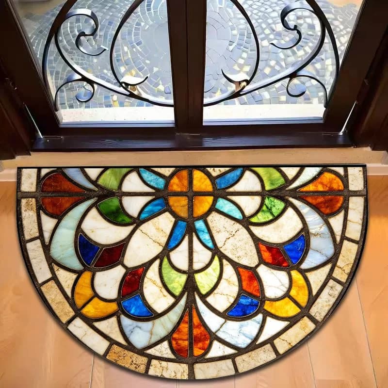 VIKAMA Gothic Stained Glass Art Print Half Round Doormat Non-Slip Washable Floor Rug for Home Kitchen Decor