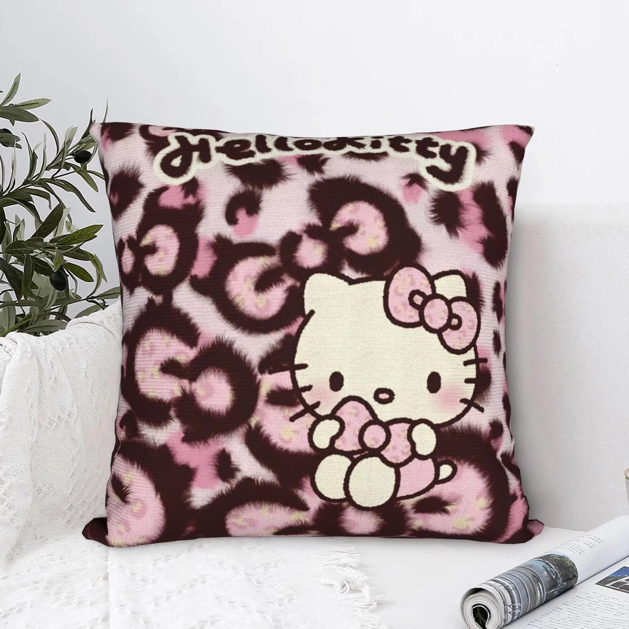 Pink Leopard Hello Kitty Double Sided Pillow Cover, 2D Polyester Cute Kawaii Cushion Case for Sofa Bedroom Home Decor Gift